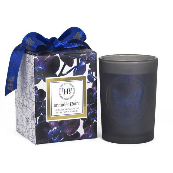 HB Health Beauty Botanicals Candle/Orchidee Noire (Black Orchid) Limited Edition/Luxury Scented Soy Candles/Hand Poured/Highly Scented Clean Burn/7.5 Oz Frosted Pewter Gray Jar /Gold Embossed Gift Box