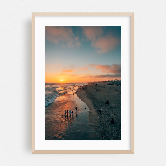 HB Summer Sunset 01 - Huntington Beach California Photography Sunset Beach Coast Ocean Palm Tree Nature Landscape Oak Framed Wall Art Print 5 x 7 inches