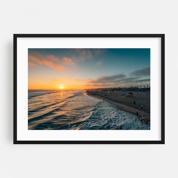 HB Summer Sunset 02 - Huntington Beach California Photography Sunset Beach Waves Coast Ocean Tropical Scenic Black Framed Wall Art Print 5 x 7 inches