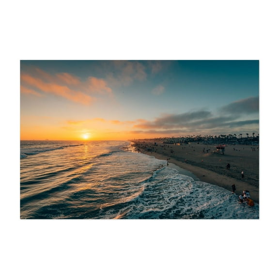 HB Summer Sunset 02 - Huntington Beach California Photography Sunset Beach Waves Coast Ocean Tropical Scenic Unframed Wall Art Print 32 x 48 inches