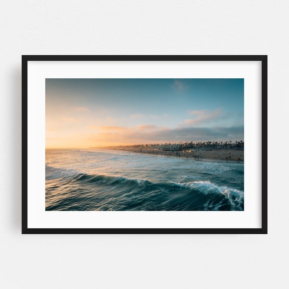 HB Summer Sunset 03 - Huntington Beach California Photography Beach Sunset Coastal Ocean Waves Palm Tree Landscape Black Framed Wall Art Print 20 x 30 inches