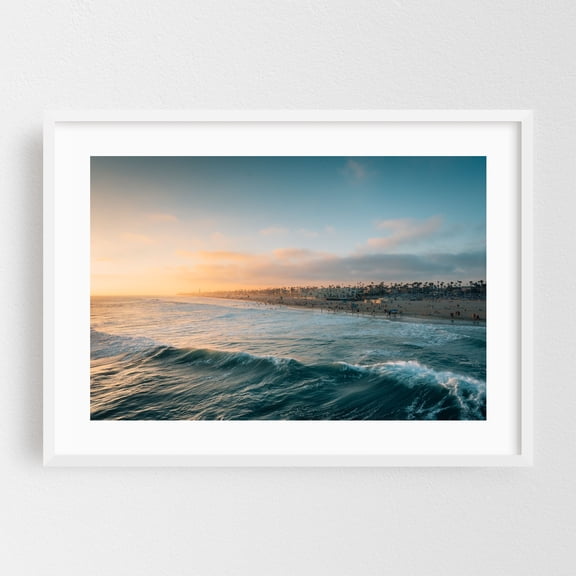 HB Summer Sunset 03 - Huntington Beach California Photography Beach Sunset Coastal Ocean Waves Palm Tree Landscape White Framed Wall Art Print 20 x 30 inches