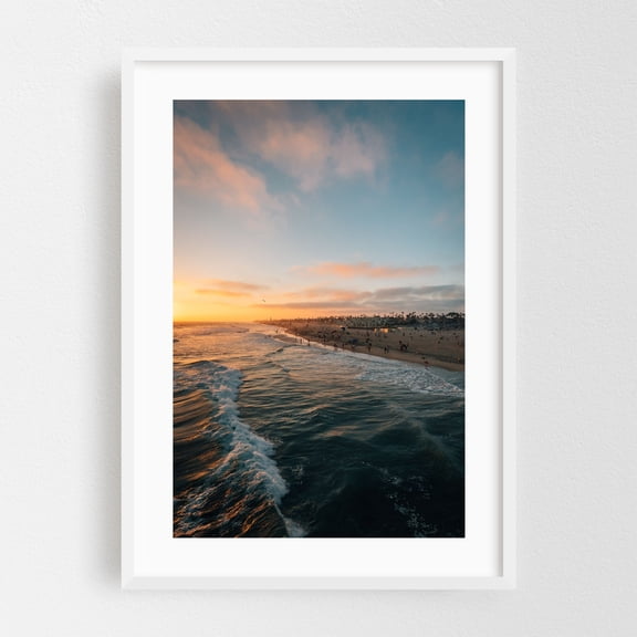 HB Summer Sunset 04 - Huntington Beach California Photography Beach Sunset Ocean Coast Waves Palm Tree Scenic White Framed Wall Art Print 5 x 7 inches