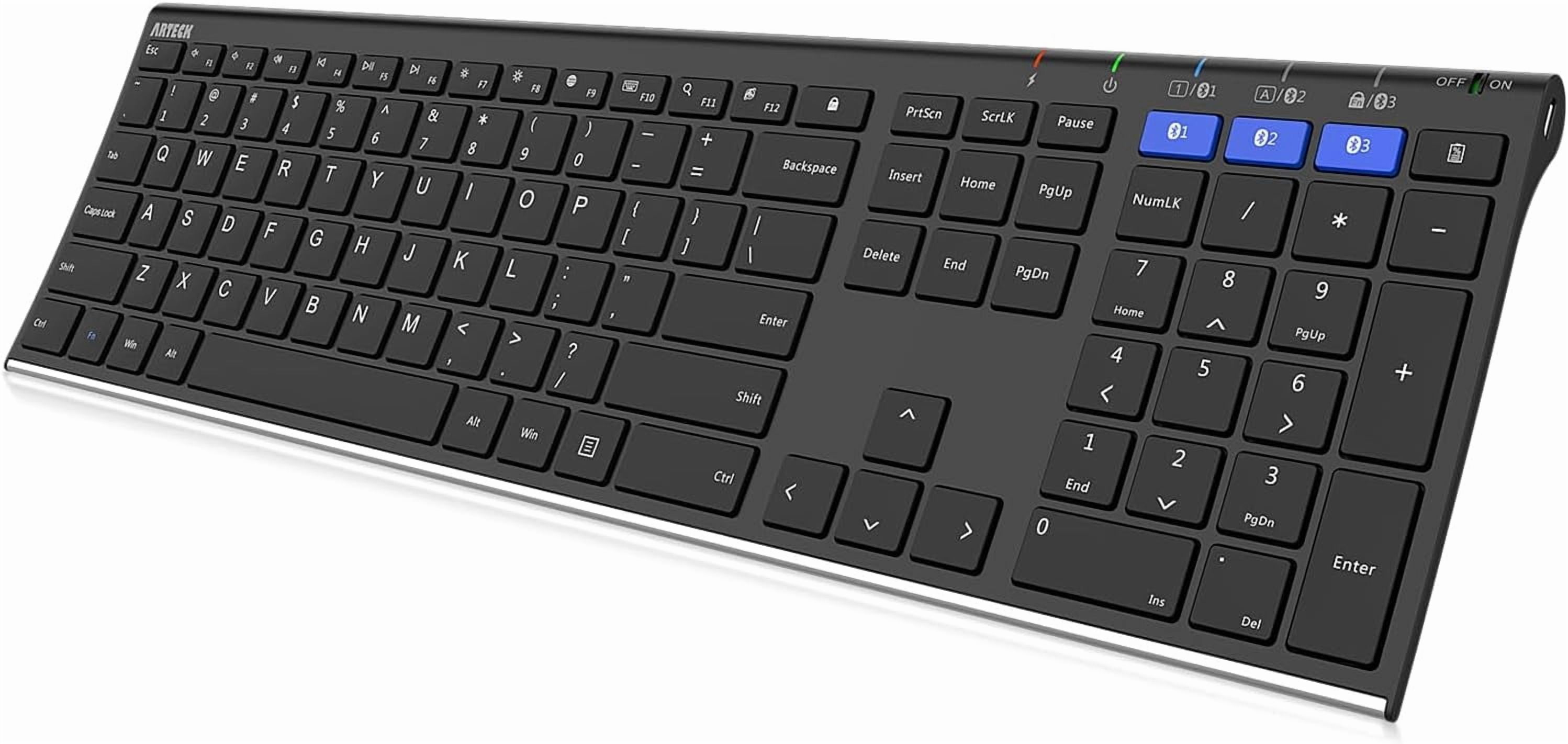 HB192 Universal Bluetooth Keyboard Multi-Device Stainless Steel Full Size Wireless Keyboard for Windows iOS Android Computer Desktop Laptop Surface Tablet Smartphone Rechargeable Battery