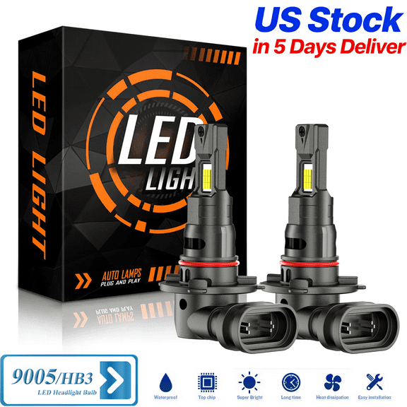 HB3/9005 LED Headlight Bulbs Hi/Low Beam, 100,000LM 600% Super-Bright Bulb, 6000K White, 500% Brightness with Fan, Plug-N-Play, CANbus Ready, pack of 2