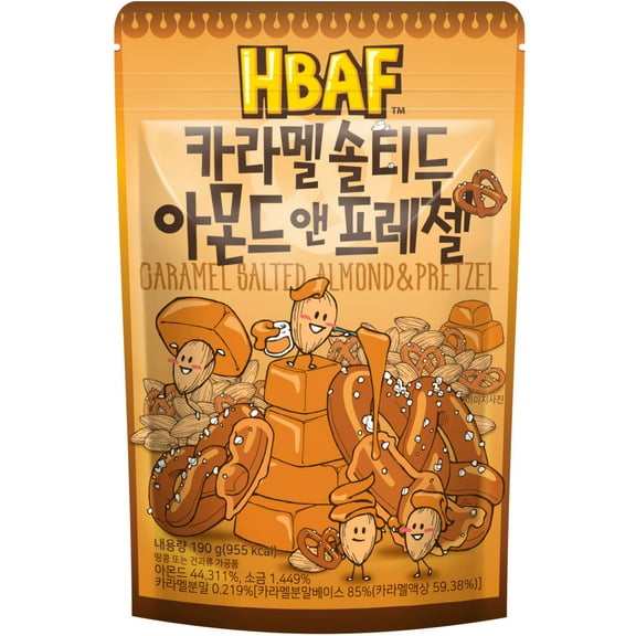 HBAF Korean Seasoned Almonds Nut Snack | | Nutritious | After-School, Work, Trip Camping Snack | Pre-workout Snack | Korean Sovenior (Salted Caramel and Pretzel, 1 x 190 Gram Pack)