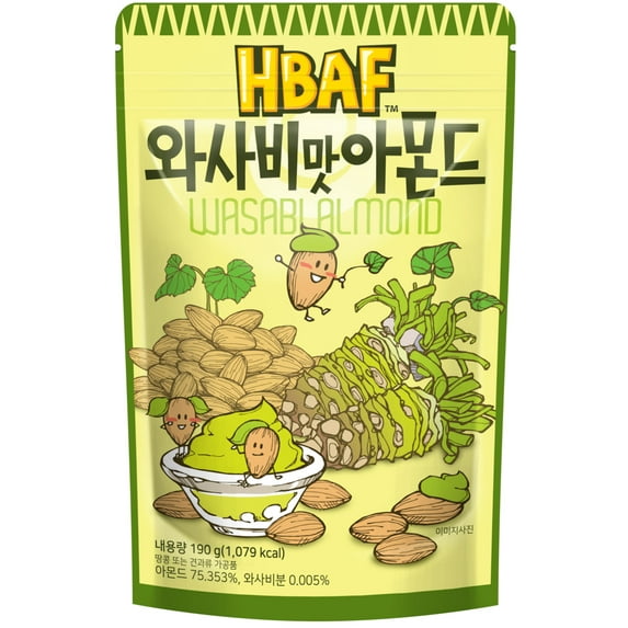 HBAF Korean Wasabi Seasoned Almond Nuts | Nutritious & Gluten Free | School, Work, Trip, Camping, Party snack | Pre-workout Snack | Korean Sovenior (1 x 190 Gram Pack)