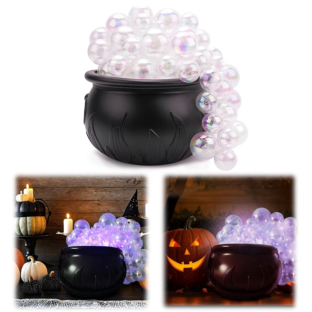 HBASD DIY Halloween Bubbling Cauldron Set, Black Plastic Witches Pot with 20 Clear Balls & String Light for Spooky Vintage Halloween Decorations Indoor Home Kitchen Room Party Table
