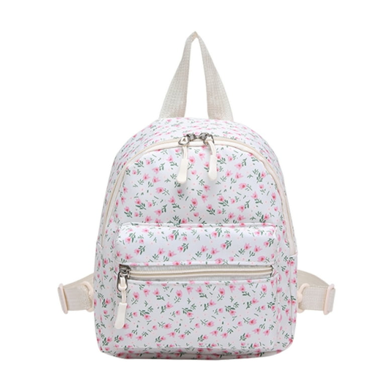 fancyqube mini floral print backpack Floral Print Small Backpack, Portable Adjutable Strap Travel Daypack,  Multi-Pockets Zipper Backpack School Backpack (White)