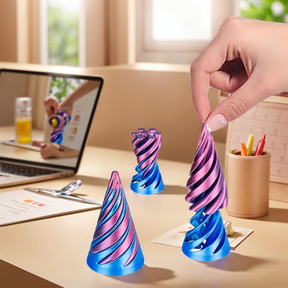 HBASD Impossible Pyramid Passthrough Sculpture, New 3D Printed Spiral Cone Desk Toy, Mini Vortex Thread Illusion (Purple Blue)