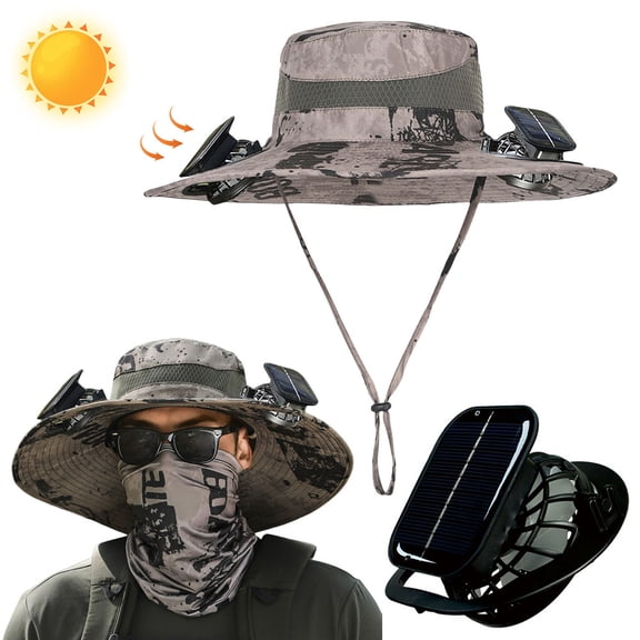 HBASD Men Women Wide Brim Sun Hats with 2 Solar Fan, Waterproof Solar Fan Bucket Hat Outdoor Fishing Hat for Hiking Camping (F)