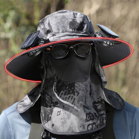 HBASD Outdoor Wide Brim Sun Hat with 2 Solar Fans, Fishing Hat with Removable Neck Flap, UV Protection Sun Bucket Hat for Fishing, Hiking, Camping (Upgrade A)