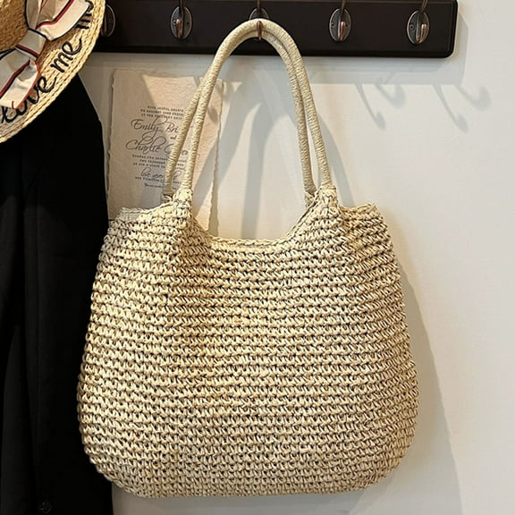 HBASD Straw Bags For Women | 18.5x14.57in Travel Straw Totes Bag Woven Summer Handmade Shoulder Bag Handbag (Beige)