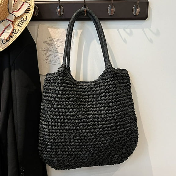 HBASD Straw Bags For Women | 18.5x14.57in Travel Straw Totes Bag Woven Summer Handmade Shoulder Bag Handbag (Black)
