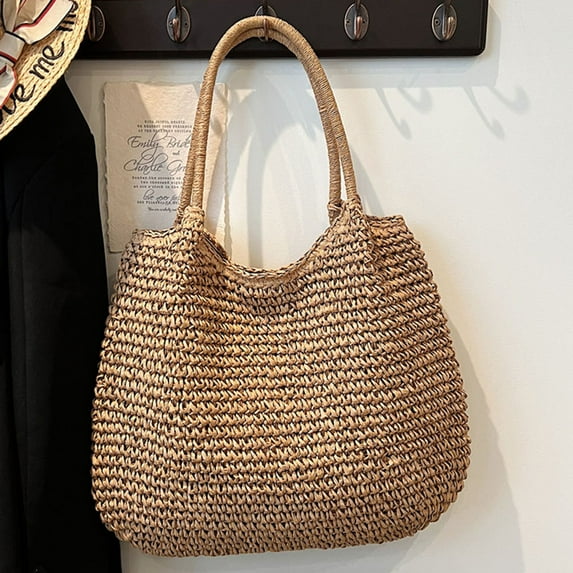 HBASD Straw Bags For Women | 18.5x14.57in Travel Straw Totes Bag Woven Summer Handmade Shoulder Bag Handbag (Khaki)