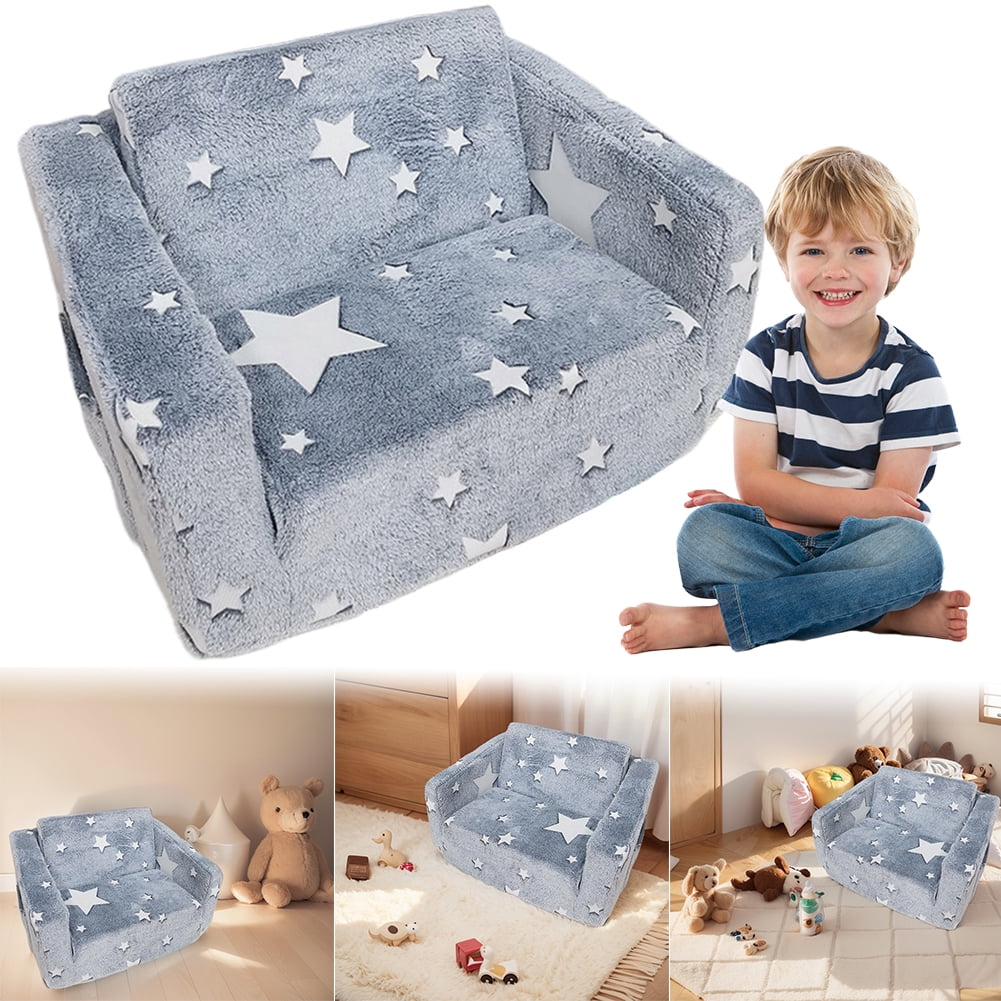 HBASD Toddler Chair, 2-in-1 Toddler Soft Couch Fold Out, Convertible Sofa to Lounger for Girls and Boys (Gray Stars)
