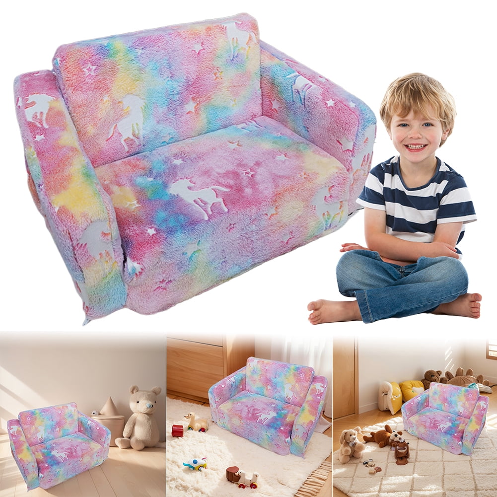 ROBUD 2-in-1 Toddler Chair & Sofa Bed - Convertible Kids Couch With Plush Rabbit Fur, Hidden Storage Pocket, Foldable For Boys & Girls (Green)