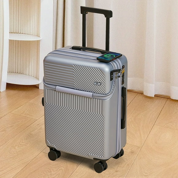 HBASD Trolley Suitcase 20 Inch Front Opening Expandable Hardside Carry-On Luggage with 4 Spinner Wheels and Scratch-Resistant Surface (Gray)