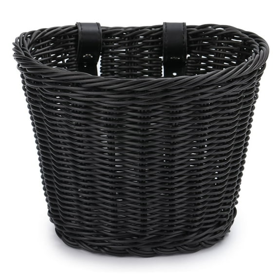 HBASD Woven Rattan Bike Baskets- Waterproof Bicycle Front D-Shaped Basket | Handlebar Storage Container with 2 Adjustable Leather Straps (Black)