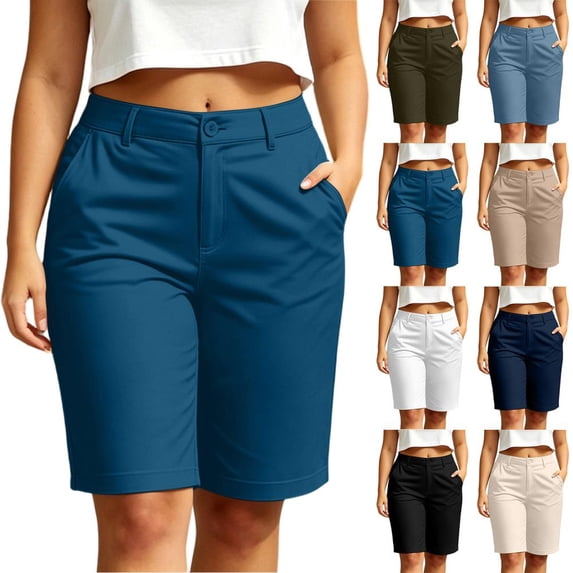 HBBIKVI Chino Flat Front Shorts for Women Officewear Mid Rise Shorts With Snap Zipper Exterior Pocket Regular Fit Rigid Waist for Walking Work