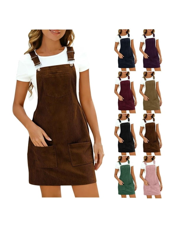 Corduroy Overall Dress for Women Casual Sleeveless Pinafore Mini Dress with Metal Buckle Straps and Large Pockets for Vintage Layered Style