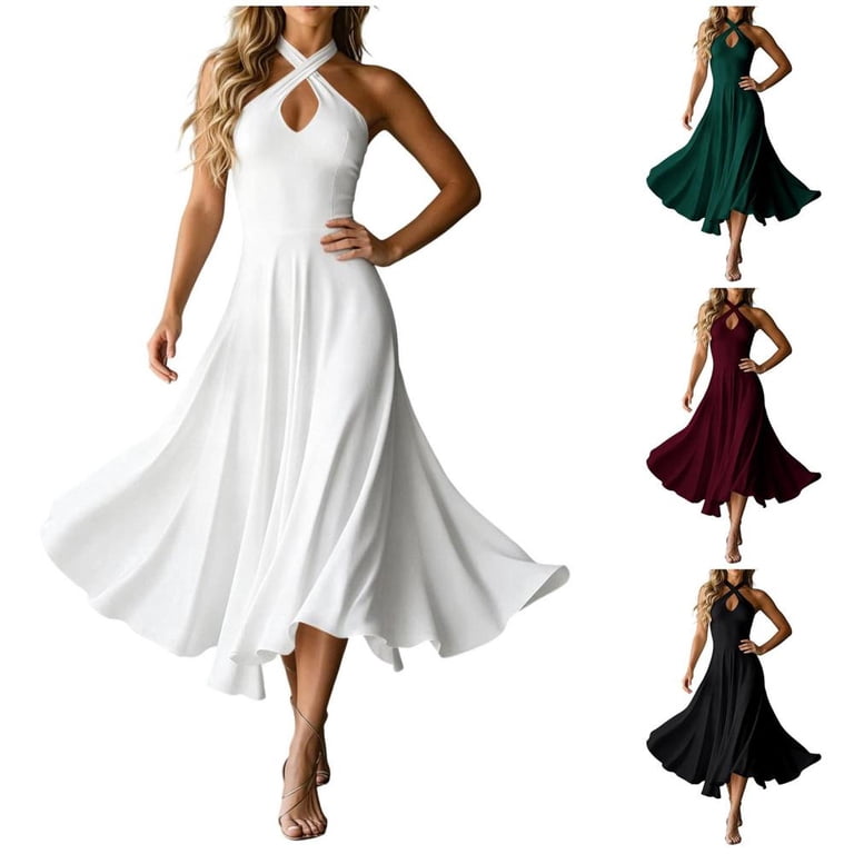 HBBIKVI Crisscross Halter Midi Dress for Women Cocktail Sleeveless Fit and Flare Dress with Keyhole Cutout and Flared A-Line Skirt for Party grace
