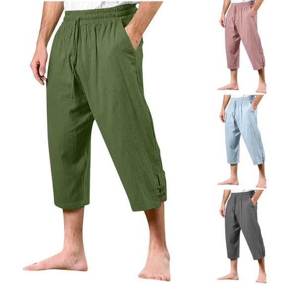 HBBIKVI Men's Relaxed Fit Flat Front Pants 2026 Casual Leisure Drawstring Elastic Waist with Adjustable Waist for Everyday Wear Cropped Length Mid Rise Summer