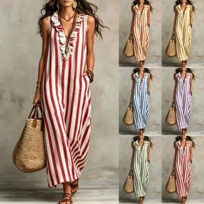 HBBIKVI Ruffle V-Neck Maxi Dress for Women Summer Sleeveless Striped Shift Dress with Side Pockets and Loose Relaxed Fit for ease Beach Vacation Days