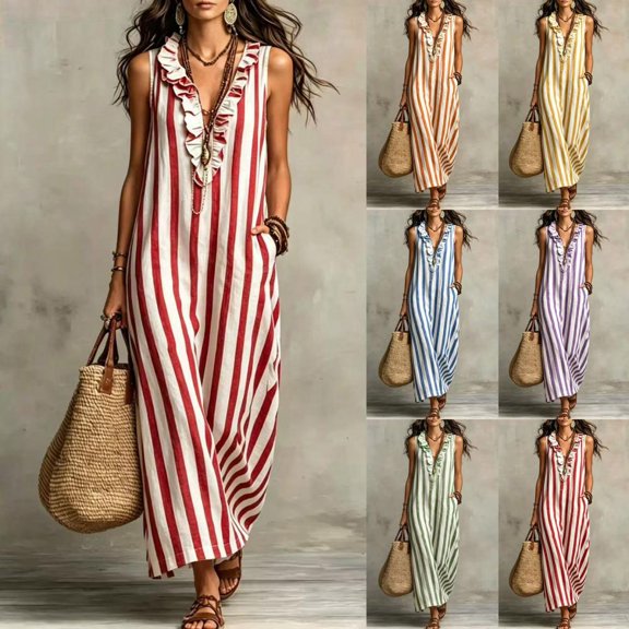 HBBIKVI Ruffle V-Neck Maxi Dress for Women Summer Sleeveless Striped Shift Dress with Side Pockets and Loose Relaxed Fit for ease Beach Vacation Days