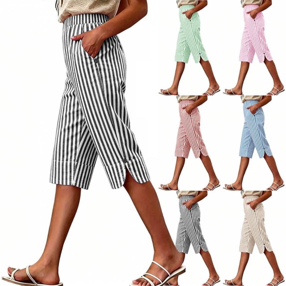 HBBIKVI Stripe Bermuda Shorts for Women Cover-Up Pull-On Shorts With Elastic Band Elastic Waist Exterior Pocket Side Vent Relaxed Fit for Vacation