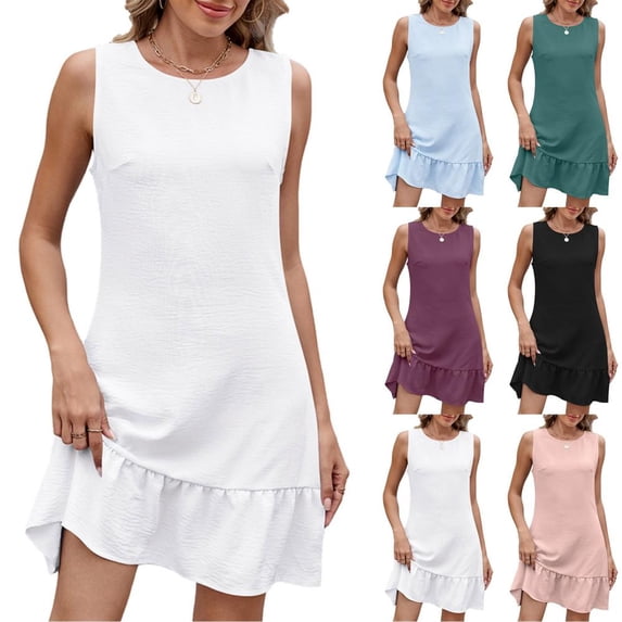 HBBIKVI Textured Ruffled Mini Dress for Women Summer Sleeveless Fit and Flare Dress with Round Neck and Ruffled Hem for Vacation Casual Style