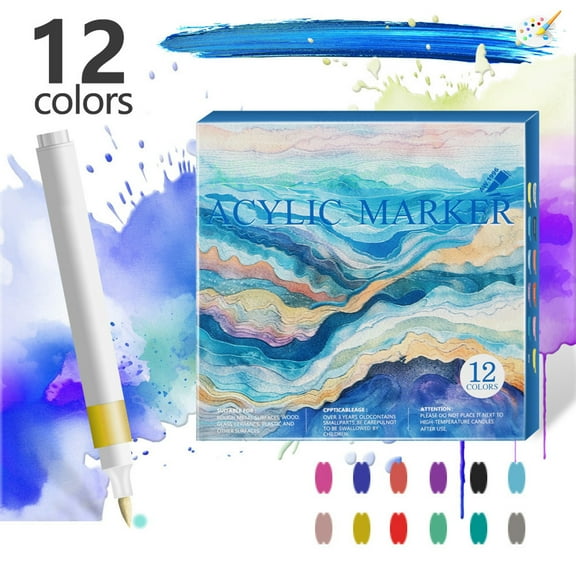 HBBKVI 12 Pcs Markers Set, Soft Tip Watercolor Pens Artist Acrylic Markers Brightly Colored Painting Pens for Canvas Paper and Fabric 10ml