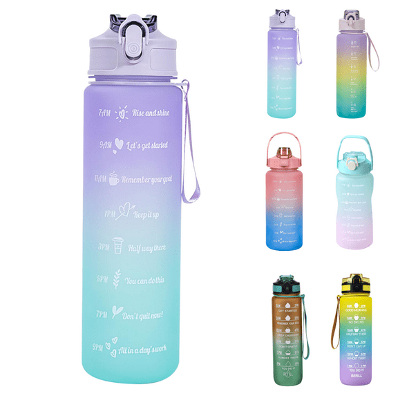 HBBKVI 25oz Water Bottle with Carrying Handle, Gradient Color Motivational Water Bottle with Time Marker, Leak Proof Travel Water Bottle Purple