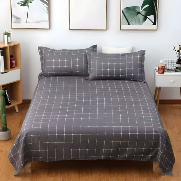 HBBKVI 3 Pcs Bed Sheets Set, Plaid Wrinkle-Resistant Flat Bed Sheets for Home Hotel School, Easy Care Soft Cozy Bedding Sheets