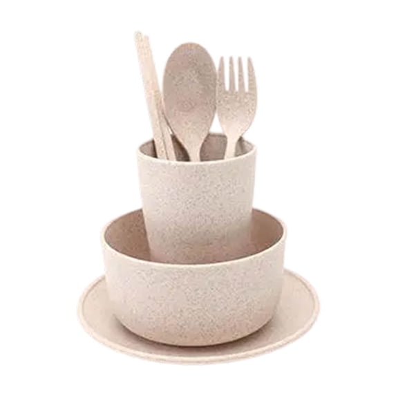 HBBKVI 6-Piece Wheat St Tableware Set with Bowl, Cup, Plate, Spoon, Fork, Chopsticks, Portable for Home Travel and Camping, Heat-Resistant Slip-Proof and Stackable Design