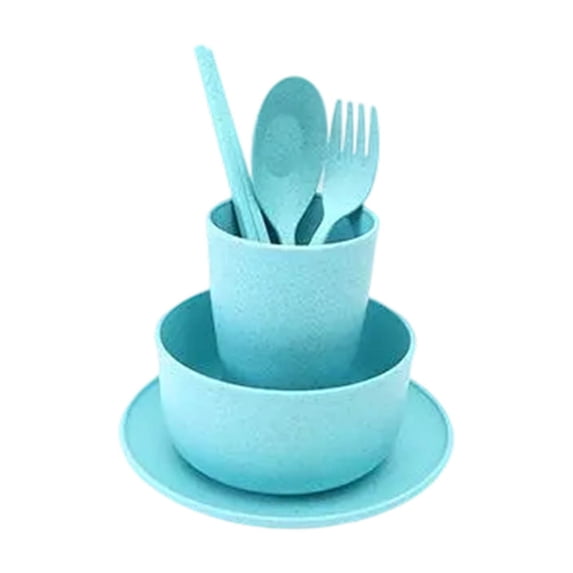 HBBKVI 6-Piece Wheat St Tableware Set with Bowl, Cup, Plate, Spoon, Fork, Chopsticks, Portable for Home Travel and Camping, Heat-Resistant Slip-Proof and Stackable Design