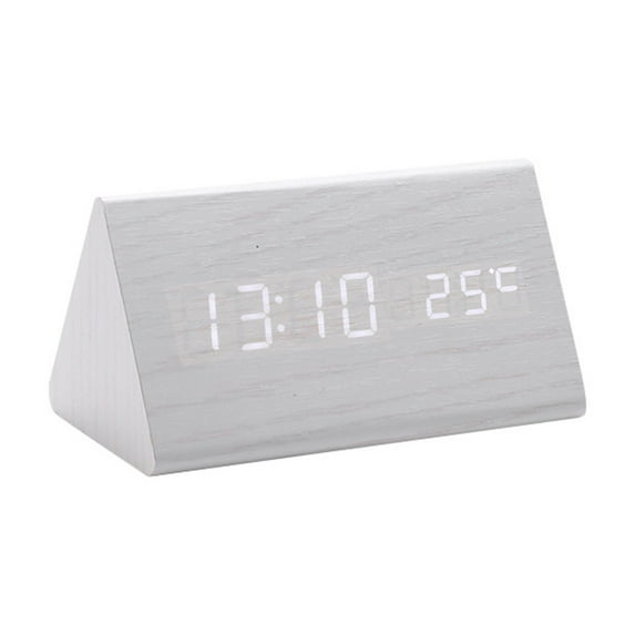 HBBKVI Alarm Clock, Wooden Triangular Digital Clock for Home Office, Adjustable Brightness Dual Alarm Digital Clock, White