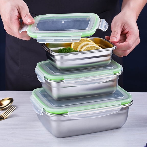 HBBKVI Bento Box 304 Stainless Steel Refrigerator Sealed Box with Lid Organizer Rectangular Bento Box Lunch Box 20.3oz Leak-Proof Bento Box