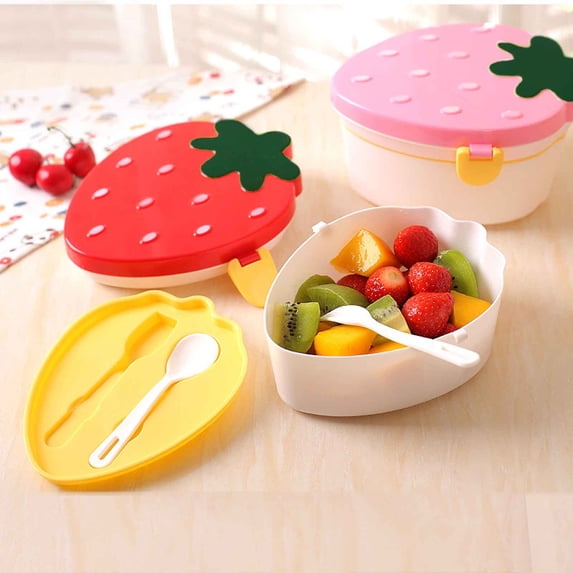 HBBKVI Bento Box Cute Strawberry Shape Lunch Box with Fork Spoon 2 Layer Food Grade Large Capacity Food Fruit Storage Bento Box 33.8oz Leak-Proof Bento Box