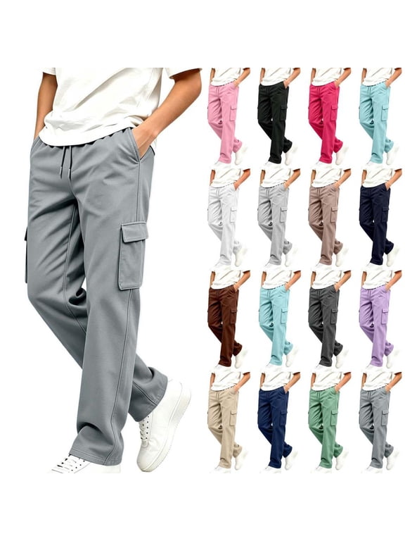 Boys Girls Fleece Lined Cargo Pants Elastic Waist Multi Pockets Adjustable Hem Sports Sweatpants for Winter School Outdoors