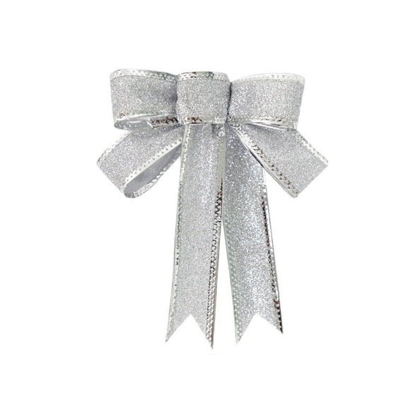 HBBKVI 2 Pcs Christmas Bows with Hanging Loop, Silver Glitter Ribbon Bow for Christmas Tree Wreath Gift Wrapping, Party Wedding Decor