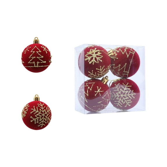 HBBKVI Set of 4 Red Flocked Christmas Ball Ornaments, 2.4in Glitter Gold Pattern, for Christmas Tree Holiday Decor