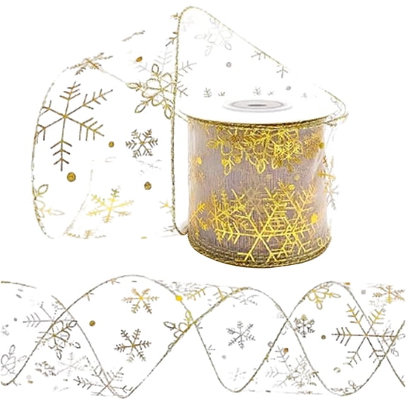 HBBKVI Christmas Snowflake Ribbon Gold, 10 Yards Sheer Ribbon for Crafts Gift Wrapping, Christmas Tree Decorations Holiday Ornaments