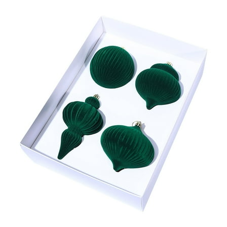 HBBKVI Green Flocked Christmas Balls 4 Pcs Set, Jumbo Size, Multi-Shape Design, Easy Hang for Christmas Tree and Home Decor