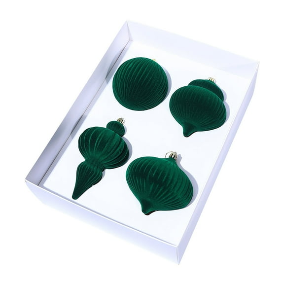 HBBKVI Green Flocked Christmas Balls 4 Pcs Set, Jumbo Size, Multi-Shape Design, Easy Hang for Christmas Tree and Home Decor