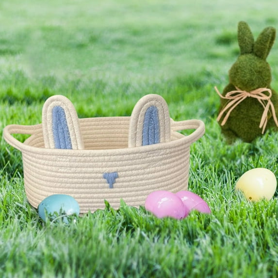 HBBKVI Easter Bunny Storage Basket, Kids' Toy & Snack Organizer, Woven Cotton, Detachable Ears, Festive Desktop Decor