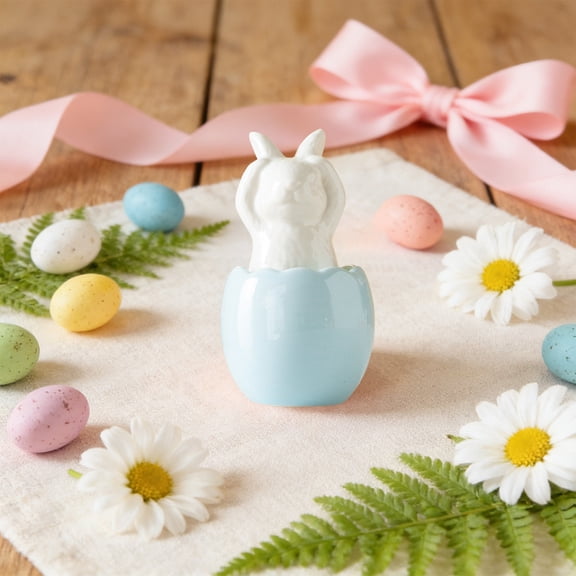 HBBKVI Easter Decorations Ceramic Bunny in Egg Figurine, Blue Easter Ornament for Home Table Mantel Decor, Hand-Painted Gift, 2x2x3.6 Inches