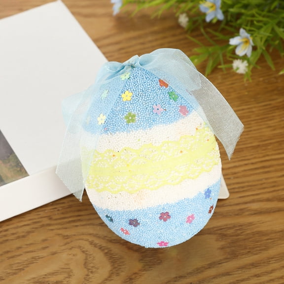HBBKVI Easter Egg Decorations Set of 2, Foam Hanging Ornaments with Floral Design for Easter Party Indoor Outdoor Decor, Blue Pink Yellow, 4.5x3.3 Inch