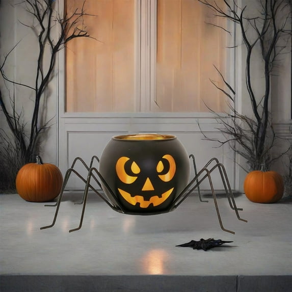 HBBKVI Halloween Decorations Iron Glass Candlestick Halloween Pumpkin Lights Black Candlestick Party Scene Arrangement Ornaments