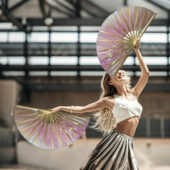 HBBKVI Handheld Dance Fan PVC Colorful Fan Reflective Fabric Folding Fan 13in